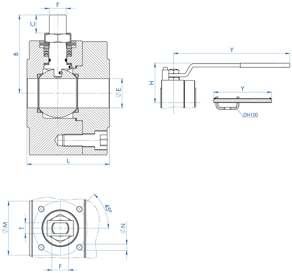 Válvula de bola MAGNUM Split Wafer PN 63-100 ANSI 600 acero inoxidable - dimensiones - 