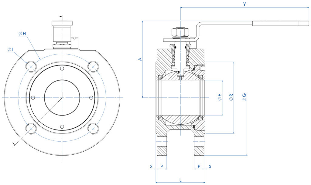 Válvula de bola STARK Wafer PN 16-40 acero al carbono - dimensiones - 