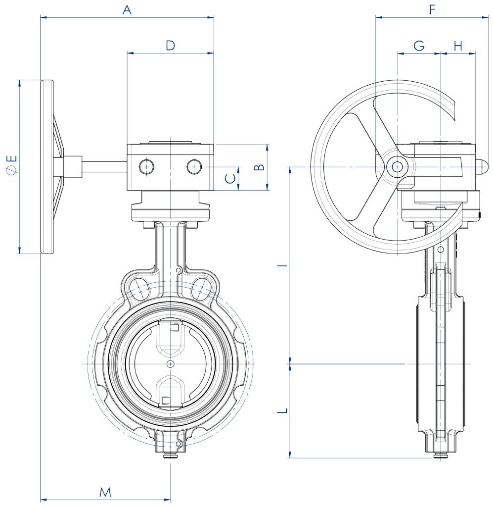 Válvula de mariposa Item 375-376-377 - dimensiones - Cuerpo en hierro fundido con reductor