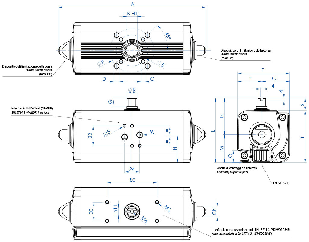 AGO - doble efecto DA en aluminio - dimensiones - Actuador doble efecto medidas desde el DAN15 (Nm) al DAN1920 (Nm)