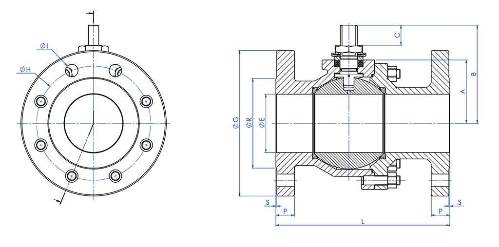 Válvula de bola THOR Split Body ANSI 150-300 acero inoxidable de fusión - dimensiones - DIMENSIONES DEL EJE LIBRE
