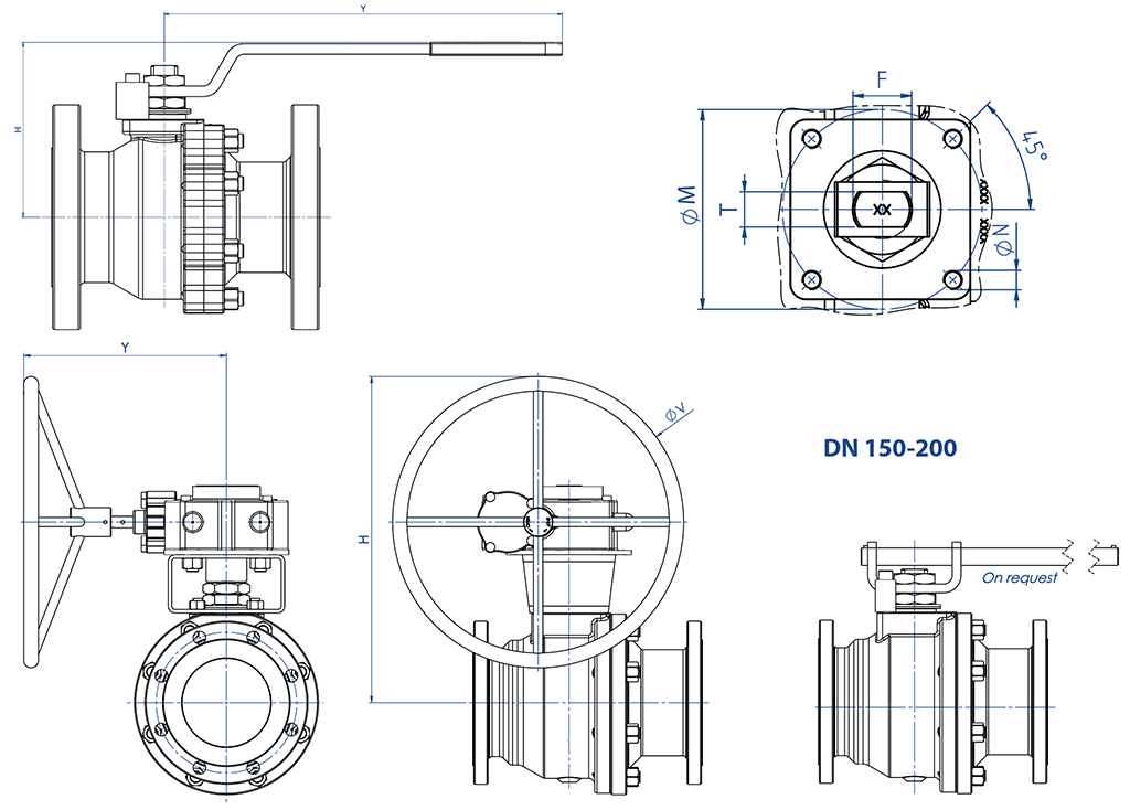 Válvula de bola THOR Split Body ANSI 150-300 acero inoxidable de fusión - dimensiones - DIMENSIONES CON PALANCA