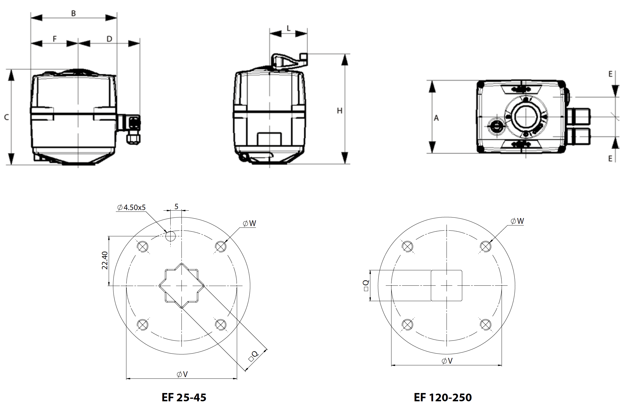 Actuador eléctrico tipo rotativo EF 25-250 - dimensiones - 