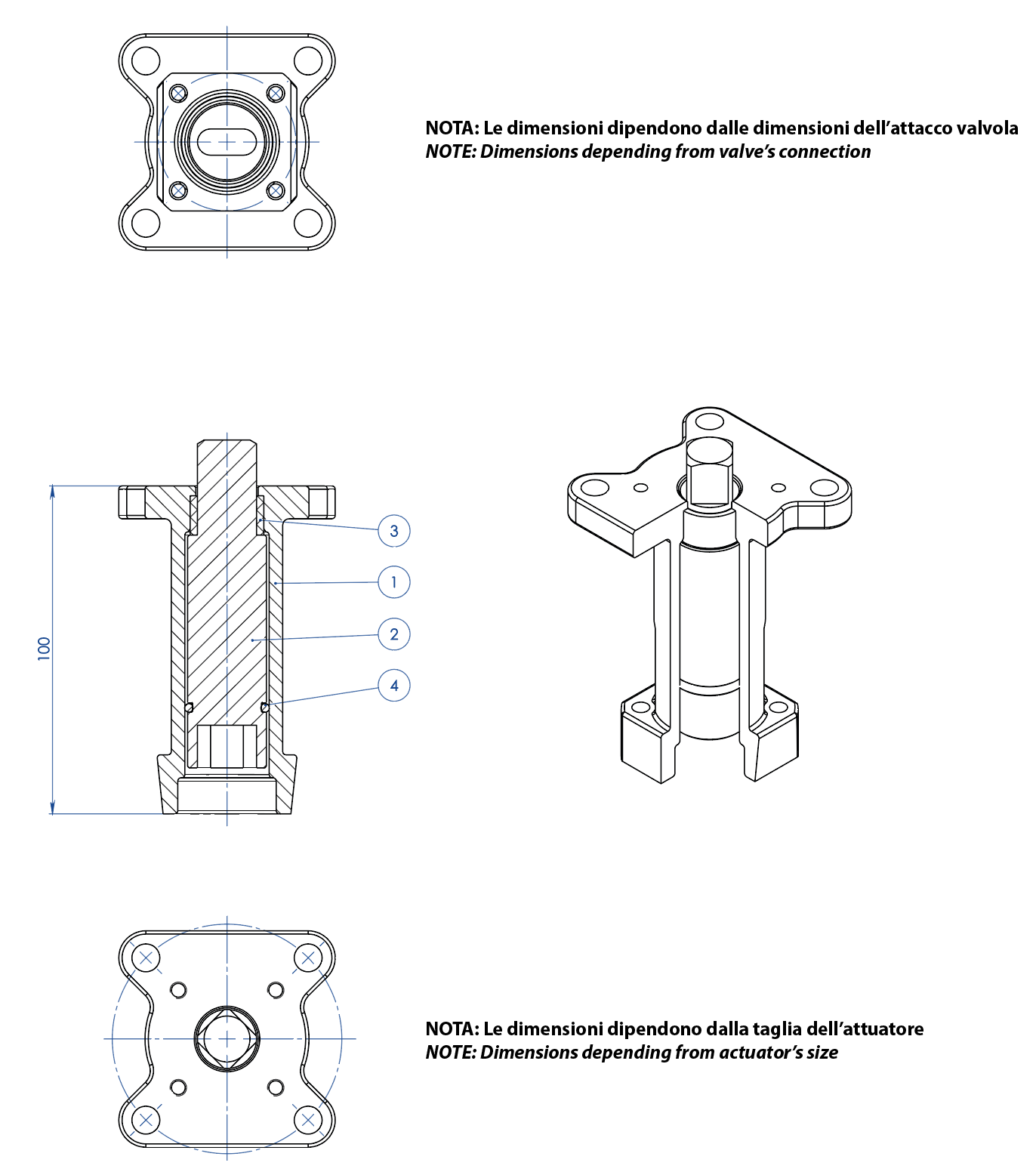 Válvula de bola MAGNUM Split Wafer PN 16-40 ANSI 150-300 acero inoxidable de fusión - accesorios - ALARGADERA GUIADA POR FUSIÓN PARA ACCIONADOR